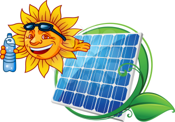 Cartoon sun with water bottle and solar panel with green frame