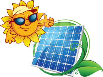 Solar energy panel bordered green stem with leaves and cartoon smiling sun in sunglasses
