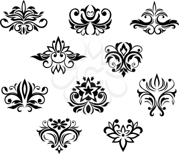 Set of black and white floral elements with a flowing design for ornament, pattern or wallpaper design