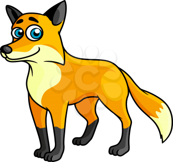 Smiling colored cartoon fox with a bushy tail and blue eyes standing sideways looking at the viewer, suitable for kids