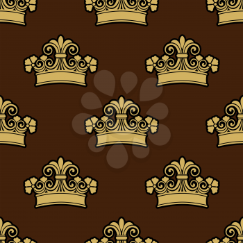 Seamless background pattern of a heraldic crowns depicting royalty on a brown background, square format with a repeat motif