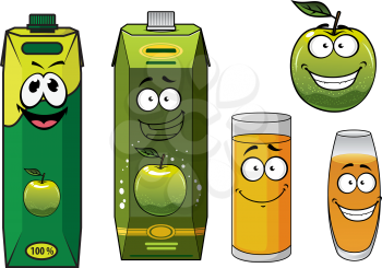 Cartoon smiling green apple juice characters depicting fresh crunchy apple fruit, glasses and cardboard packs of juice for healthy nutrition concept or food design