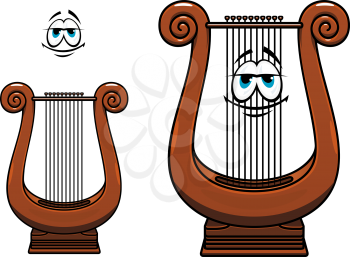 Smiling lyre cartoon character depicting ancient greek strings musical instrument with wooden brown corpus suited for music education or classic orchestra design