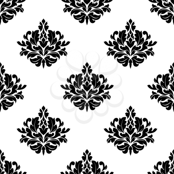 Vintage victorian styled foliate seamless pattern with black leaves scrolls compositions on white background for textile or wallpaper design