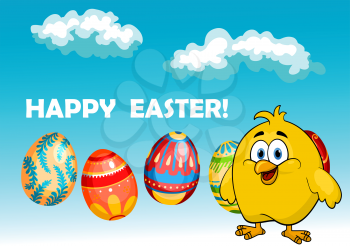 Cute fat happy little yellow cartoon chick in an Easter card design with colorful traditional Easter Eggs and text on a blue cloudy sky