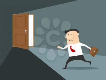 Businessman with briefcase running to the exit, cartoon flat style, for any business concept