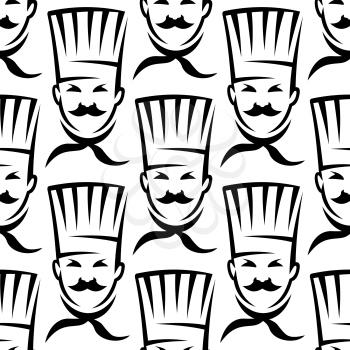 Contoured heads of mustache chef or cook seamless pattern in uniform toque and neckerchief on white background suited for fabric or recipe book design