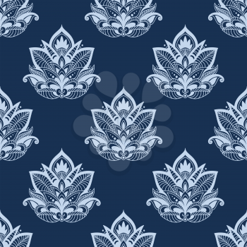 Seamless persian foliage pattern in shades of blue with abstract paisley compositions of carved sagittate leaves and petals with curly tips suitable for textile or lace design 