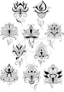 Abstract openwork turkish stylized flowers with lush blooming petals and oblique leaves on billowy fragile stems for background fills or textile design