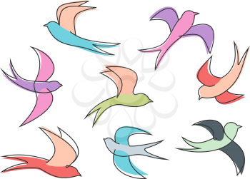 Graceful colorful flying swallow birds looping through the air, for freedom or environment concept design