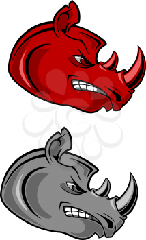 Aggressive horned rhino head cartoon character with bared teeth in gray and red for tattoo or t-shirt design