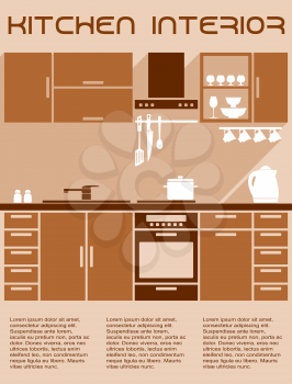 Kitchen interior design in warm brown and beige colors with work zone, furniture, appliance, utensils, accessories and text layout below in flat style with long shadow