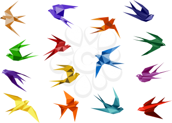 Colorful origami paper swallow birds in flight isolated on white background for logo or emblem design template