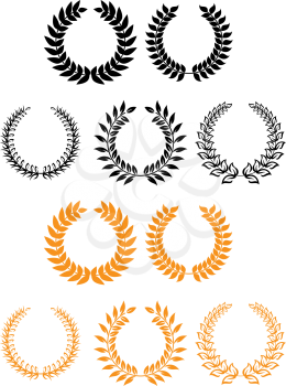 Heraldic set of circular foliate and laurel wreaths in black and gold with various designs suitable for documents, awards or heraldry