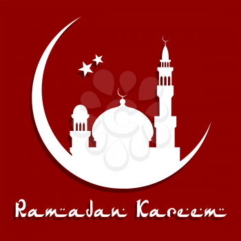 Holy Ramadan Kareem concept with mosque and minarets on a moon with stars for religious or holiday design