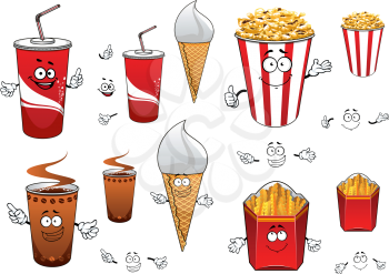 Fast food cartoon characters with funny coffeeand soda cups, ice cream waffle cone, pop corn bucket, box of french fries for leisure activity or fast food concept design