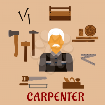 Carpenter profession flat concept with moustached man in overalls, timber and carpentry tools including hammers, axe, nails, wooden toolbox, handsaw, hacksaw, folding rule, jack plane