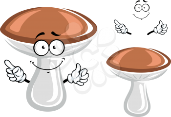 Funny forest boletus mushroom cartoon character with convex brown cap and club shaped stipe, for natural or vegetarian food concept design