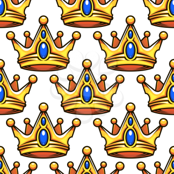 Medieval open golden crowns with blue precious stones seamless pattern in cartoon style for royal design