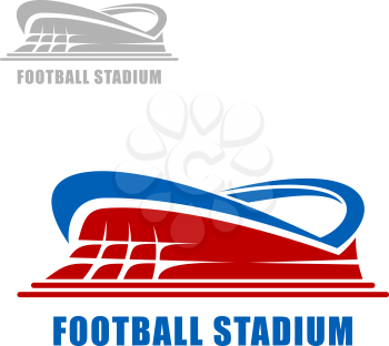 Football or soccer stadium building icon with red carcass and blue roof for sports design