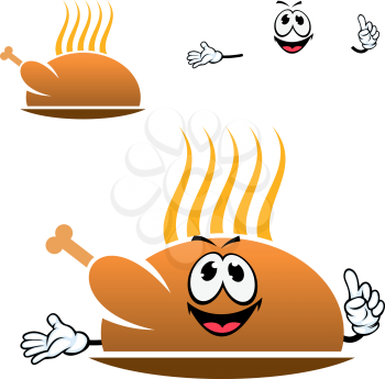 Cartoon roasted chicken leg character with golden brown crust and hot steam served on dish, for fast food design