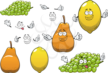 Healthful fresh yellow lemon, green grape and ripe orange pear fruits cartoon characters with funny faces for healthy nutrition or agriculture theme design
