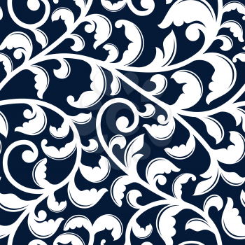 Elegant floral seamless pattern of curved white flourishes with foliage and swirls on dark blue background, for interior wallpaper or textile design