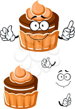 Sweet chocolate cupcake cartoon character with caramel cream decoration on the top, for dessert menu or pastry shop theme