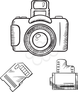 Photo camera with memory card and film roll sketch icons, isolated on white