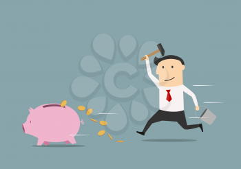 Cartoon businessman running after a piggy bank with hammer and trying to bring back money