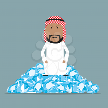Fabulously wealthy cartoon arab businessman sitting on a heap of shining diamonds. Wealth, richness and abundance concept