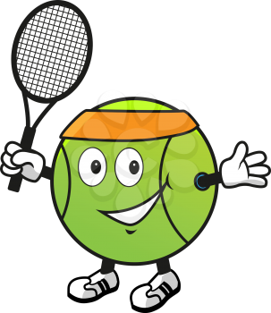 Cartoon smiling green tennis ball character in orange headband with racket in hand for sport design