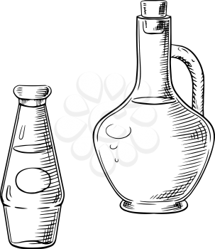 Olive oil in glass jug and tomato sauce bottle sketch objects, for healthy food or vegetarian nutrition theme