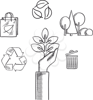 Environment protection concept with plant in hand, recycling symbols with arrows and leaves, eco shopping bag, forest landscape with trees and trash can. Sketch icons