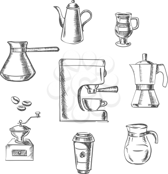 Beverage icons with grinder, kettle, pot, sugar, beans, cups and coffee maker around coffee machine. Sketch style