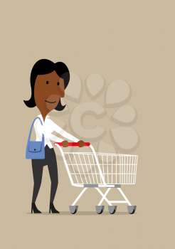 Cartoon businesswoman going to store for shopping with empty shopping cart. Retail, shopping, sale concept design