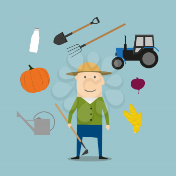 Farmer profession icons with man in overalls and straw hat among beet and corn cob, milk bottle and pumpkin, barn and shovel, bucket, watering can and tractor