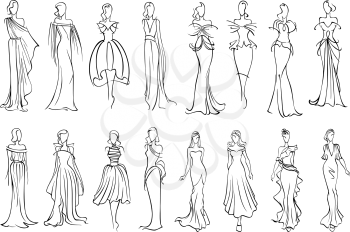 Fashion models sketched silhouettes with elegant young women in long sleeveless evening gowns and charming cocktail dresses. Fashion industry or shopping design usage