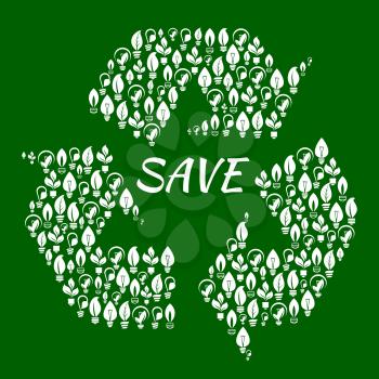 Recycle symbol of curved arrows forming triangle with white silhouettes of saving energy light bulbs with stylized leaves. Use as ecology and recycling theme design