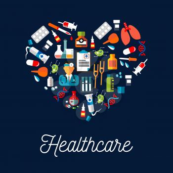 Healthcare equipment icons shaped as heart. Doctor or medic with stethoscope, dropper or pipette dropping blood, DNA and crutch or spike, tablet or pill, salve and enema or clyster. 