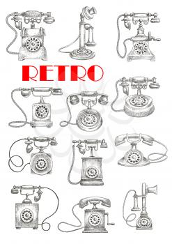 Engraving stylized vintage landline telephones sketches with candlestick and rotary dial table phones. Maybe use as retro interior accessories theme design