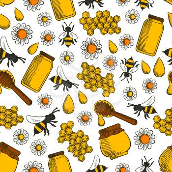 Sweet honey products seamless background. Wallpaper with vector pattern icons of honey, bee, honeycomb, jar, pot, spoon, flower. Beekeeping elements for patisserie, bakery, shop
