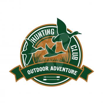 Duck hunting insignia for hunting club sporting design with retro stylized round badge with flying flock of mallard ducks, decorated by ribbon banner with text Outdoor Adventure