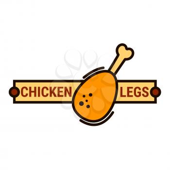 Fried chicken fast food restaurant symbol of buttered chicken leg with yellow banner on the background. Use as takeaway food packaging or menu design element. Thin line style