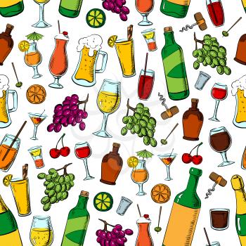 Birthday party drinks and fruits. Cocktails, beverages and desserts seamless pattern background. Wine corkscrew, beer mug, lemonade glass, cocktail, champagne, juice, lime, grape, orange olives and ch