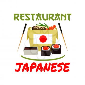 Japanese restaurant emblem. Sushi rolls, sauce, seafood, nori, chopsticks, japanese flag elements for cafe label, menu card, sticker, door signboard poster leaflet flyer