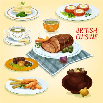 British cuisine lunch cucumber sandwiches icon served with fish and fries, roast beef with yorkshire pudding, irish vegetable stew, baked beef, baked scotch eggs, watercress cream soup, sorrel soup