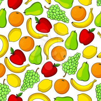 Tropical sweet banana, orange and lemon, garden juicy apple, green grape and pear fruits seamless pattern. Fruit background for organic farming and gardening design
