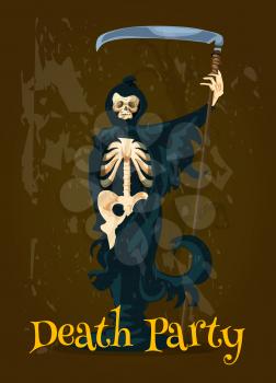 Halloween Death Party banner. Vector character of skeleton skull in black robe with scythe. Decoration design template for Halloween poster, invitation, greeting card