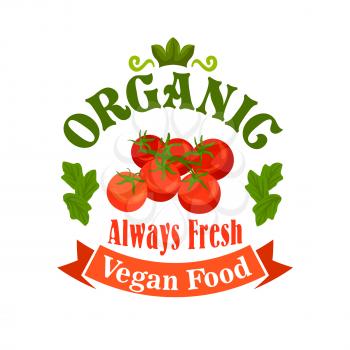 Tomato bunch. Organic vegan food label with red tomatoes, green leaves, red ribbon. Vector vegetable icon for vegetarian product sticker, grocery, farm store, packaging tag